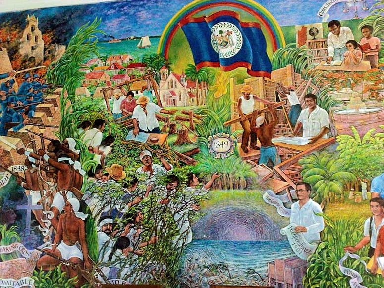 Belizean history mural at the Corozal Town Hall